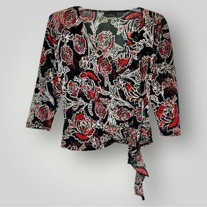 Brittany Black Blouse Women's Floral Glittery Crossover Top Sz M